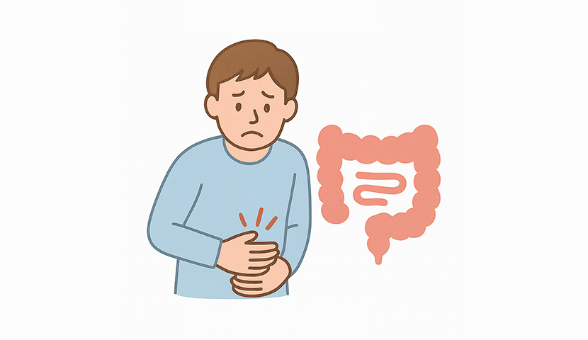 潰瘍性大腸炎による腹痛に悩む人物と、大腸の炎症を示すイラスト。国分寺おなかのクリニックでは、内視鏡検査による診断が可能です。