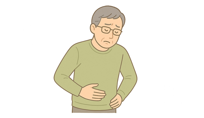 大腸がん（colorectal cancer）による腹痛や便通変化に悩む高齢男性のイラスト。内視鏡検査で精密診断を行う国分寺おなか内視鏡クリニックの案内用