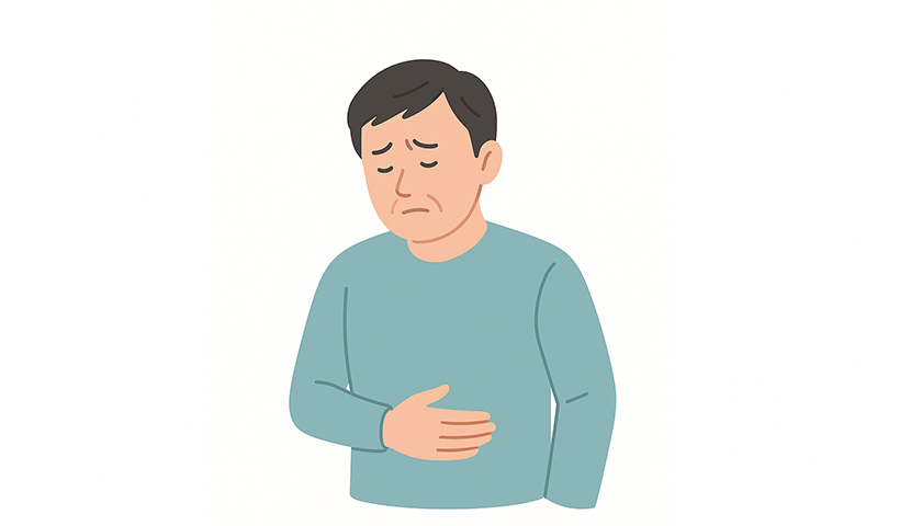 十二指腸潰瘍（duodenal ulcer）による上腹部痛や不快感を抱える男性のイラスト。内視鏡検査で原因を診断する国分寺おなか内視鏡クリニックの案内用