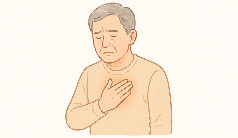 食道がんや食道の違和感・胸の痛みに悩む高齢男性のイラスト。内視鏡検査によって精密な診断を行う国分寺おなか内視鏡クリニックの案内用