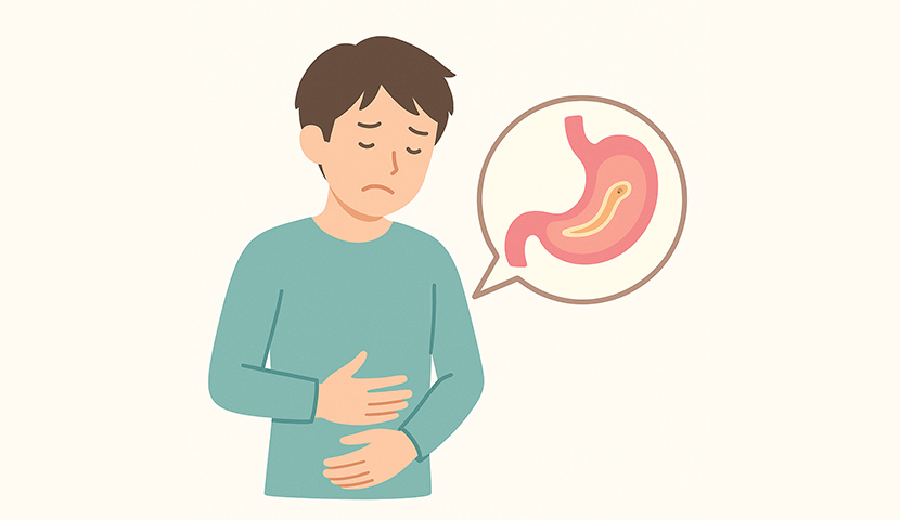 アニサキス感染によるみぞおちの痛みや不快感を訴える若い男性のイラスト。吹き出しの中に胃の中のアニサキスを示し、内視鏡検査で原因を特定できることを訴求する国分寺おなか内視鏡クリニックの案内用