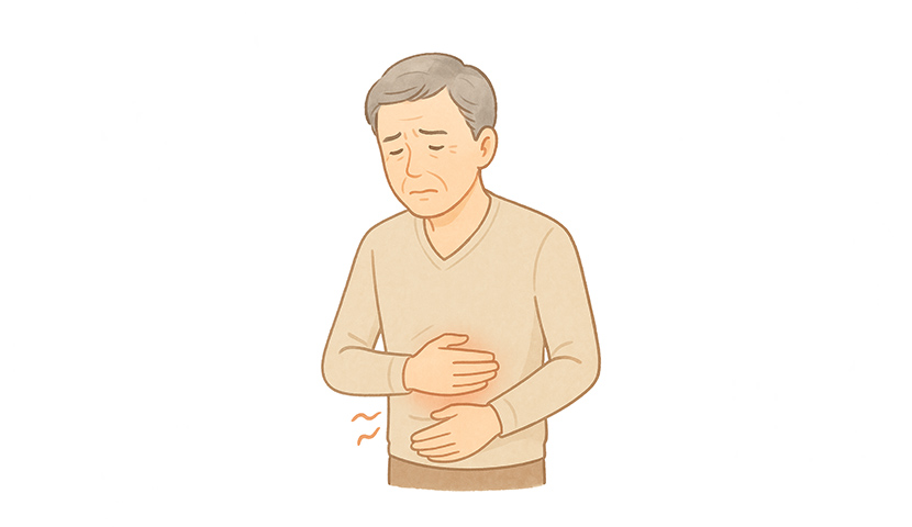 胃潰瘍による胃の痛みや不快感に悩む中高年男性のイラスト。内視鏡検査で詳細診断・治療を行う国分寺おなか内視鏡クリニックの案内用