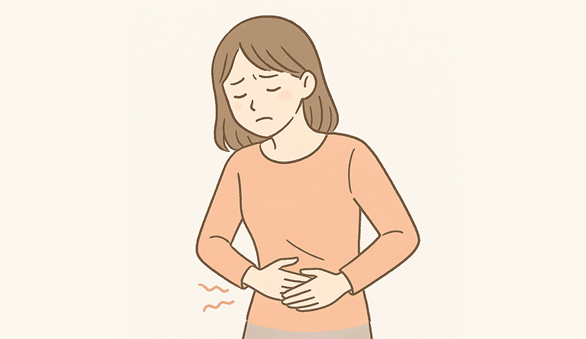 過敏性腸症候群（IBS）で腹痛や不快感を抱える女性のイラスト。内視鏡検査で原因を調べて診断・治療を行う国分寺おなか内視鏡クリニックの案内用