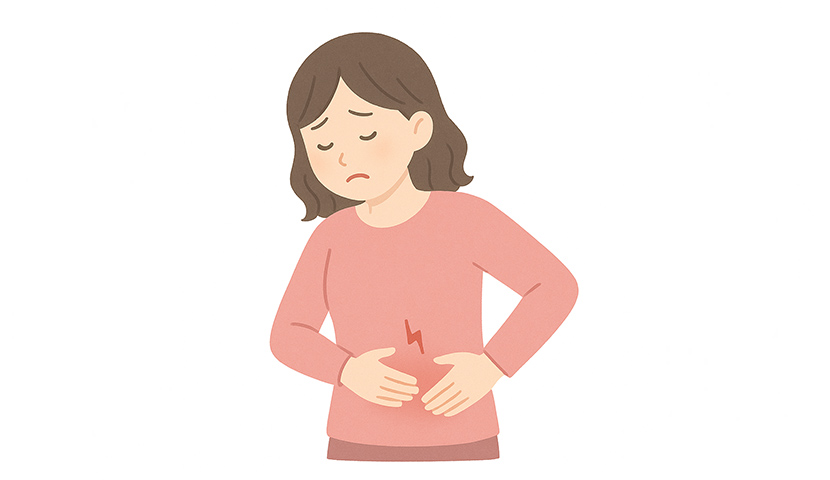 腹痛や消化器症状に悩む方のイラスト。内視鏡検査で原因を調べて診断・治療を行う国分寺おなか内視鏡クリニックの案内用