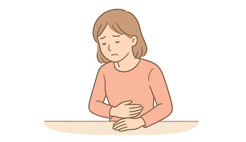 消化不良や胃の不快感で悩む女性のイラスト。内視鏡検査による正確な診断と治療を提供する国分寺おなか内視鏡クリニックです。