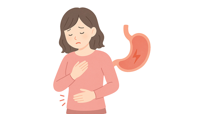 胃痛や胃の不快感で悩む女性のイラスト。内視鏡検査による正確な診断と治療を行う国分寺おなか内視鏡クリニックの案内用