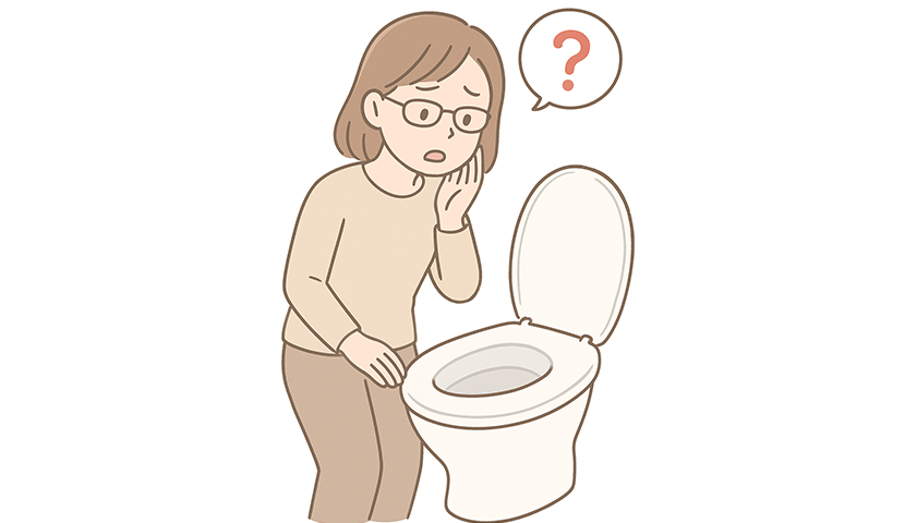 血便に気づき戸惑う40代女性のイラスト。内視鏡検査で原因を調べられる国分寺おなかのクリニック